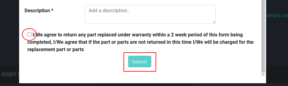 screenshot of form with terms and conditions field and disabled submit button