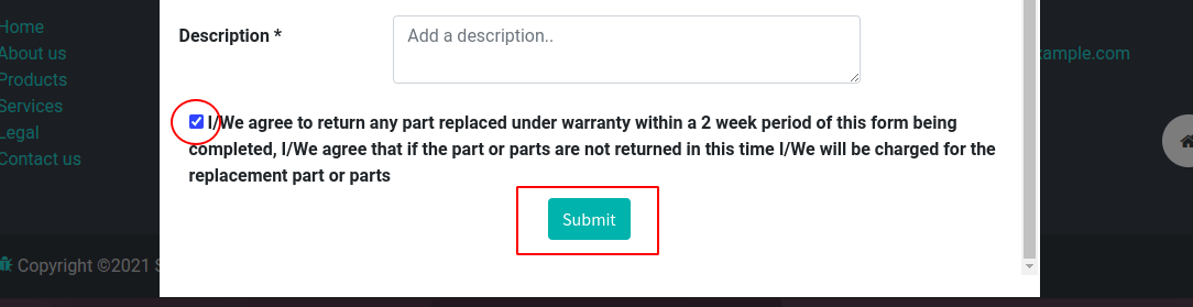 screenshot of form with terms and conditions field and enabled submit button